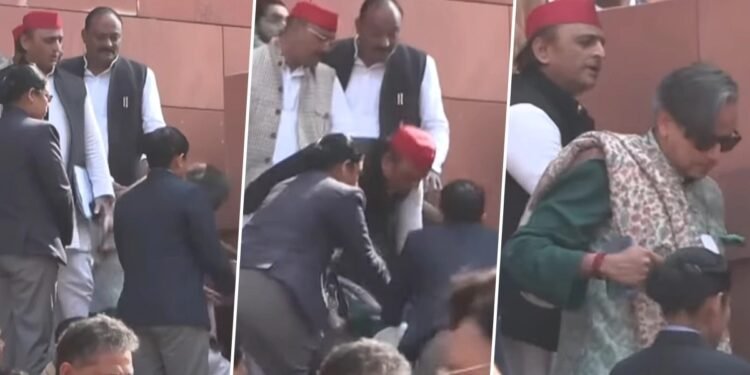 संसद भवन की सीढ़ियों पर फिसले शशि थरूर, अखिलेश यादव ने थामा हाथ , बड़ी राजनीतिक चर्चा